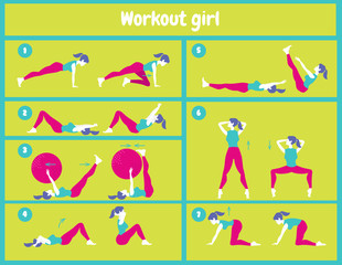 Workout for women. Set of gym icons in flat style isolated on gr