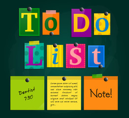 Fototapeta na wymiar To do list from letters and colorful sticky notes pinned to a blackboard with magnets. Vector.