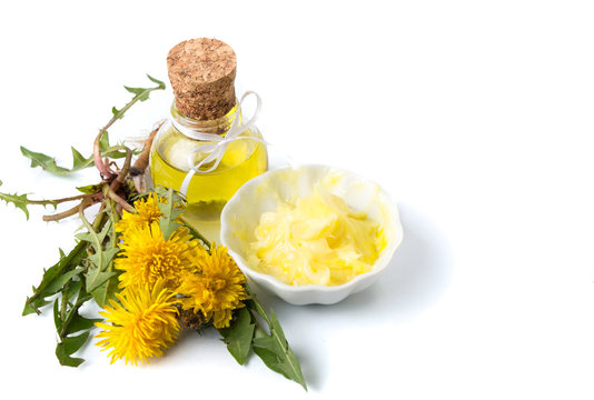 Dandelion Flowers With Tincture And Salve Isolated