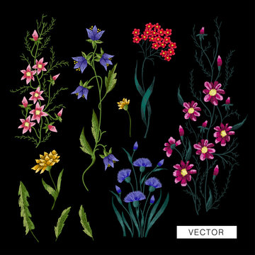  Embroidery flowers. Embroidered design elements with flowers and leaves on a black background.
