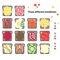 Vector set of various sandwiches. A varied Breakfast