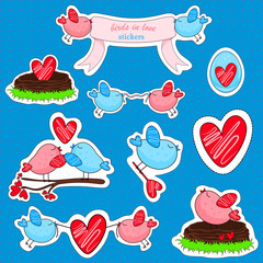 Birds in love and friendship. Funny cartoon birds stickers.