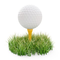 3d rendering golf ball on yellow tee and green grass isolated on white