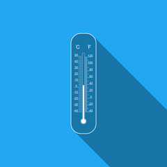 Celsius and fahrenheit meteorology thermometers measuring heat and cold flat icon with long shadow. Thermometer equipment showing hot or cold weather. Vector Illustration