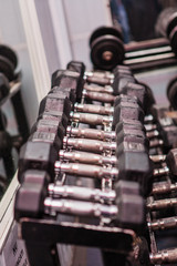 Naklejka premium Dumbbels in fitness center on a rack