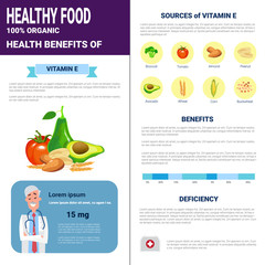 Obraz premium Healthy Food Infographics Products With Vitamins, Health Nutrition Lifestyle Concept Flat Vector Illustration