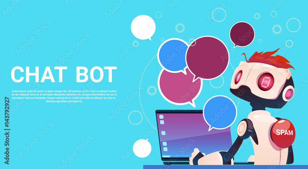 Poster chat bot using laptop computer, robot virtual assistance of website or mobile applications, artifici