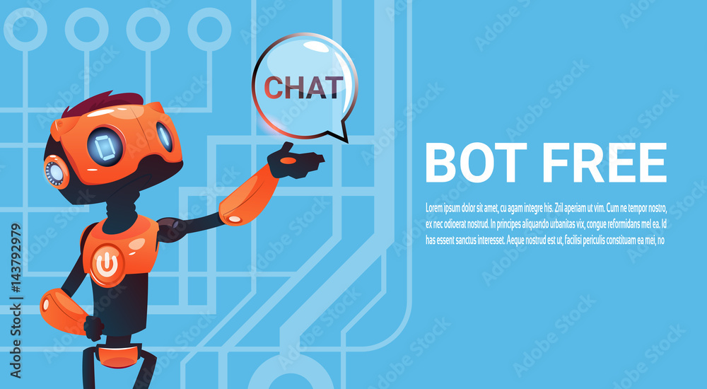 Poster free chat bot, robot virtual assistance element of website or mobile applications, artificial intell