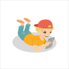 Boy with gadgets on white background. Boy with tablet. Computer addiction.