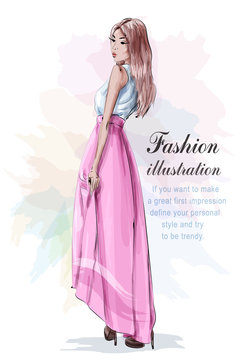 Beautiful woman in fashion clothes: blue light shirt, pink skirt and stylish shoes. Sketch. Fashion look. Vector illustration.