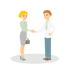 Hand shaking of businessmen. Man and woman stand on white backgrond and shake hands in agreement.