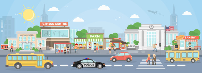 Stad straat buitenkant. Amerikaanse stad met rechtbank, fitnesscentrum en schoolbus, politieauto en winkels.