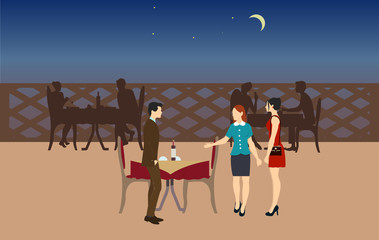 Getting visitors to place. Waitress accompanies visitors to their tables in restaurant. Night time restaurant.