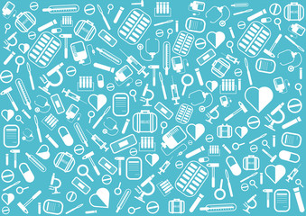 Pattern of various medical icons on a light blue background