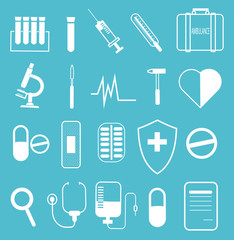 Set of medical icons on a light blue background. Simple line design