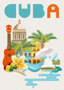 Cuba attraction and sights - travel postcard concept. Vector illustration with traditional Cuban architecture, colourful buildings, car, guitar, cigars, cocktail, flag. Design elements for poster.