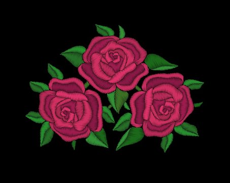 Red roses embroidery on black background.