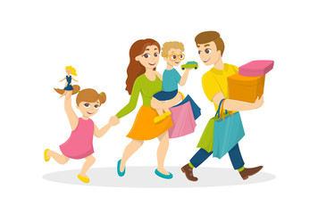 Family do shopping. Happy parents with children with shopping bags.