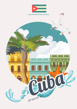 Cuba attraction and sights - travel postcard concept. Vector illustration with traditional Cuban architecture, colourful buildings, car, guitar, cigars, cocktail, flag. Design elements for poster.