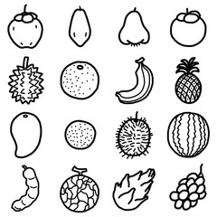 tropical fruits, icons set / cartoon vector and illustration, hand drawn style, black and white, isolated on white background.