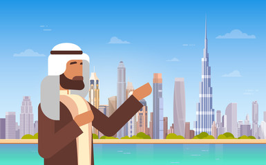 Arab Man Showing Dubai Skyline Panorama, Modern Building Cityscape Business Travel And Tourism Concept Flat Vector Illustration