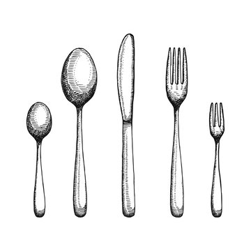 Fork and spoon with a knife drawing. Cutlery vector