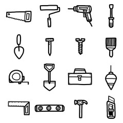 tools, icons set / cartoon vector and illustration, hand drawn style, black and white, isolated on white background.