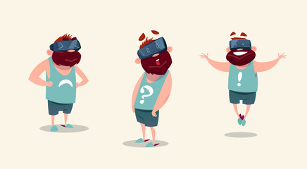 Man Wear Virtual Reality Digital Glasses Feeling Different Emotions Flat Vector Illustration