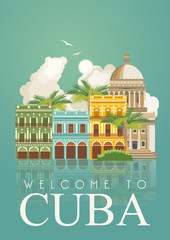Cuba attraction and sights - travel postcard concept. Vector illustration with traditional Cuban architecture, colourful buildings, car, guitar, cigars, cocktail, flag. Design elements for poster.