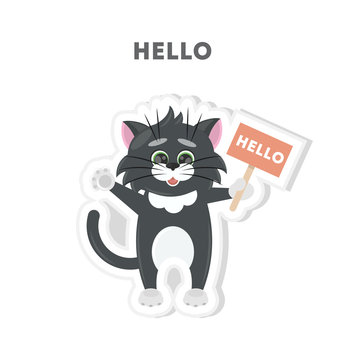 Cat says hello. Isolated cute sticker on white background.
