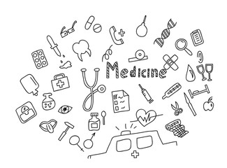 Hand drawn medicine icon set. Medical healthcare, pharmacy doodle icons.