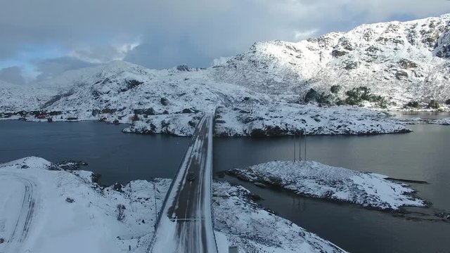 Aerial view of the Lofoten bridge in winter