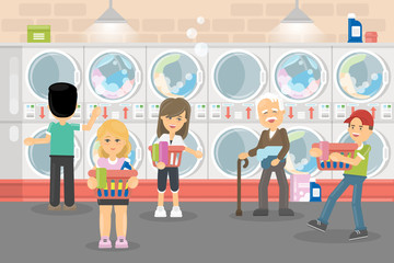 People in laundry serice. Men and women wash their clothes in washing machines.