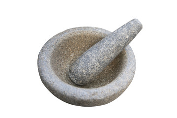 Black granite mortar and pestle on white background