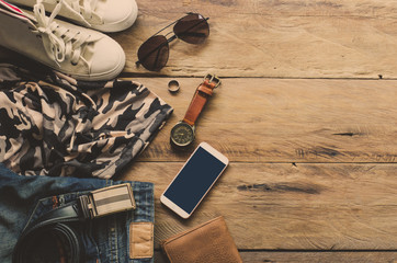 Travel accessories costumes. Passports, luggage, The cost of travel maps prepared for the trip