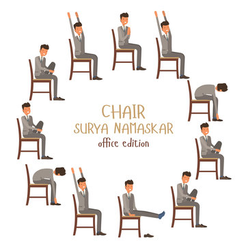 Round vector illustration of chair sun salutation positions. Businessman in suit doing yoga at work. Office worker doing Surya namaskar asana. Workout picture on white isolated background.