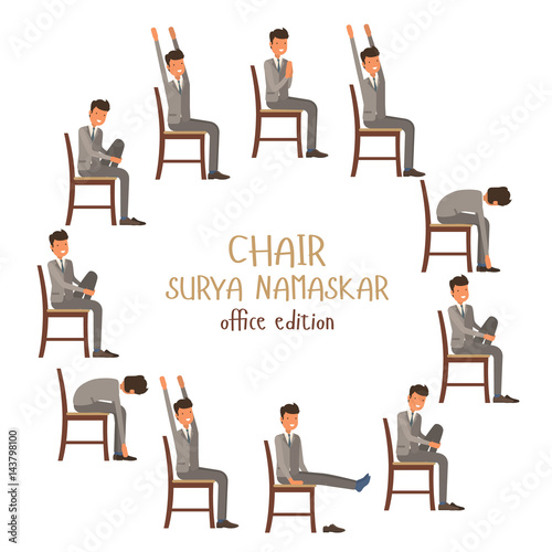 Round Vector Illustration Of Chair Sun Salutation Positions Businessman In Suit Doing Yoga At Work Round Vector Illustration Of Chair Sun Salutation Positions Businessman In Suit Doing Yoga At Work