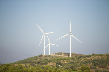 Green renewable energy concept - wind generator turbines in sky