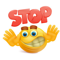 Yellow smile face emoji cartoon character with stop gesture