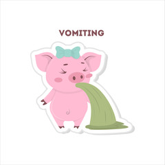 Isolated vomiting pig. Cute funny character on white background.