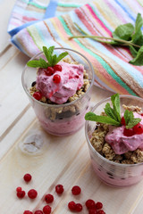 healthy Breakfast of cottage cheese , currants and roasted oat flakes