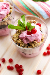 healthy Breakfast of cottage cheese , currants and roasted oat flakes