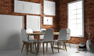 Mock up poster in interior with dining area. living room hipster style.