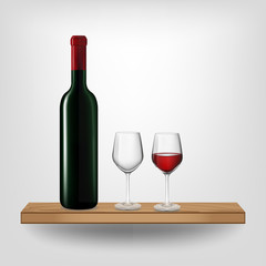 Red wine bottle and glass on wood shelf