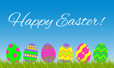 Happy Easter greeting card. Colorful Easter eggs in the green grass on the sky background. Vector illustration.