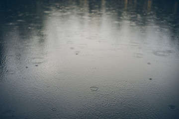 Water surface of the lake during the summer drizzle