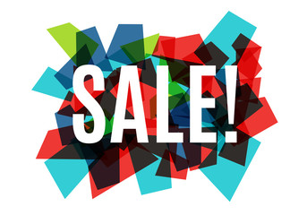 Sale banner template design, white text on colorful abstract background consisting of glass polygons. Vector illustration.