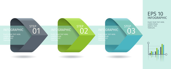 Infographic arrows with 3 step up options and glass elements. Vector template in flat design style