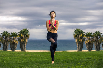 Portrait of young and sporty woman in sportswear doing yoga outside at the sea on green field on cloudy day, Barcelona, Spain. She is standing between palm trees.