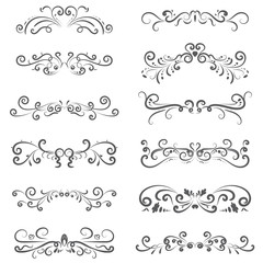 Obraz premium Vector of calligraphic design elements in black lines swirl on white background, border